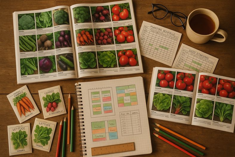 Garden planning materials including seed catalogs, notebooks, pencils and planting charts spread on table
